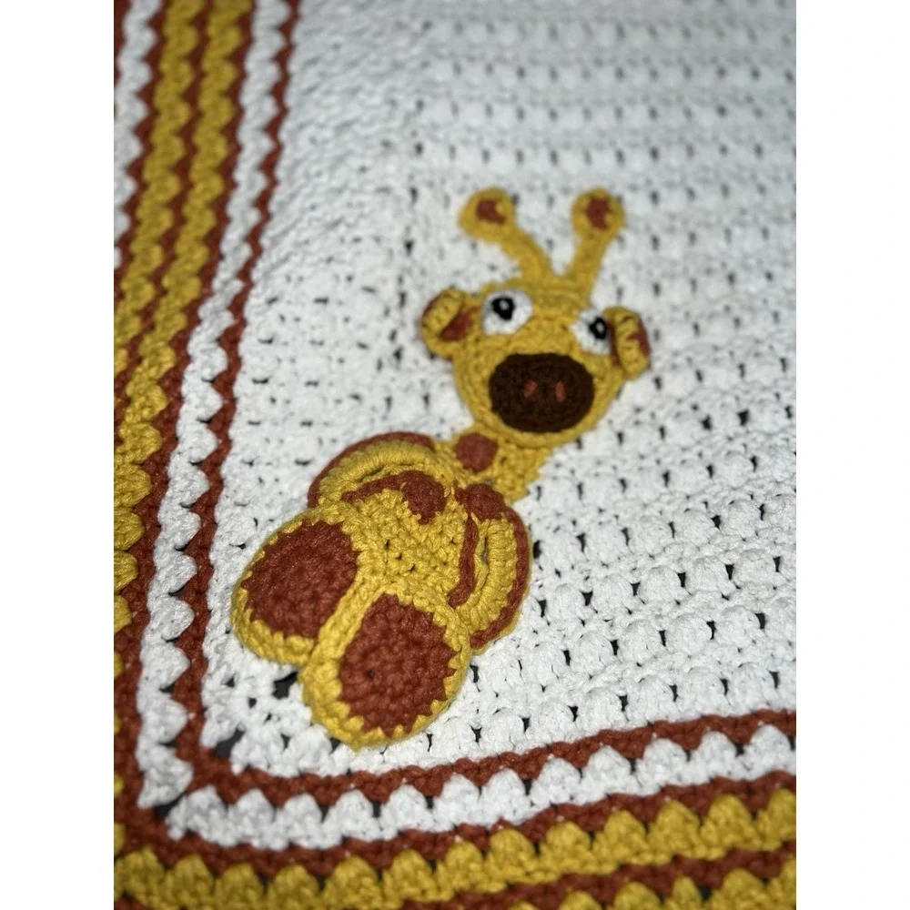Vintage Handmade Crochet Giraffe White Baby Blanket Afghan Orange‎ Crib 33 X 33